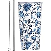 JASROTAO Blue White Porcelain Pattern Tumbler,Ceramics Flower 20oz Stainless Steel Insulated Travel Tumblers,Travel Coffee Mug with Lid and Straw Water Bottle Drink Cups Gifts for Women Men Lovers