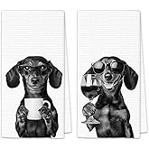 OINDADE Dachshund Gifts Coffee Wine Kitchen Towels Set of 2, Coffee Dog Dish Tea Towel for Kitchen Decorative, Gifts for Dachshund Lovers Hand Towels, Wine Lover Gift Dog Home Bar Decor, 16x24In