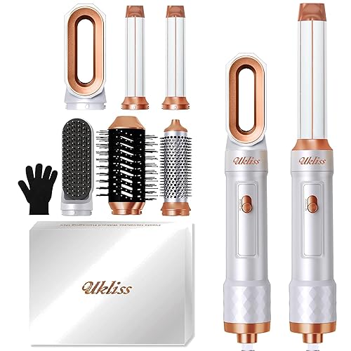 6 in 1 Hairstyler, UKLISS Hair Dryer Brush with Automatic Hair Wrap Curler, Thermal Brush, Hot Airbrush Airstyler, Hair Straightener, Multistyler Gift Set for Women Volume, Curls, Styling - White Gold