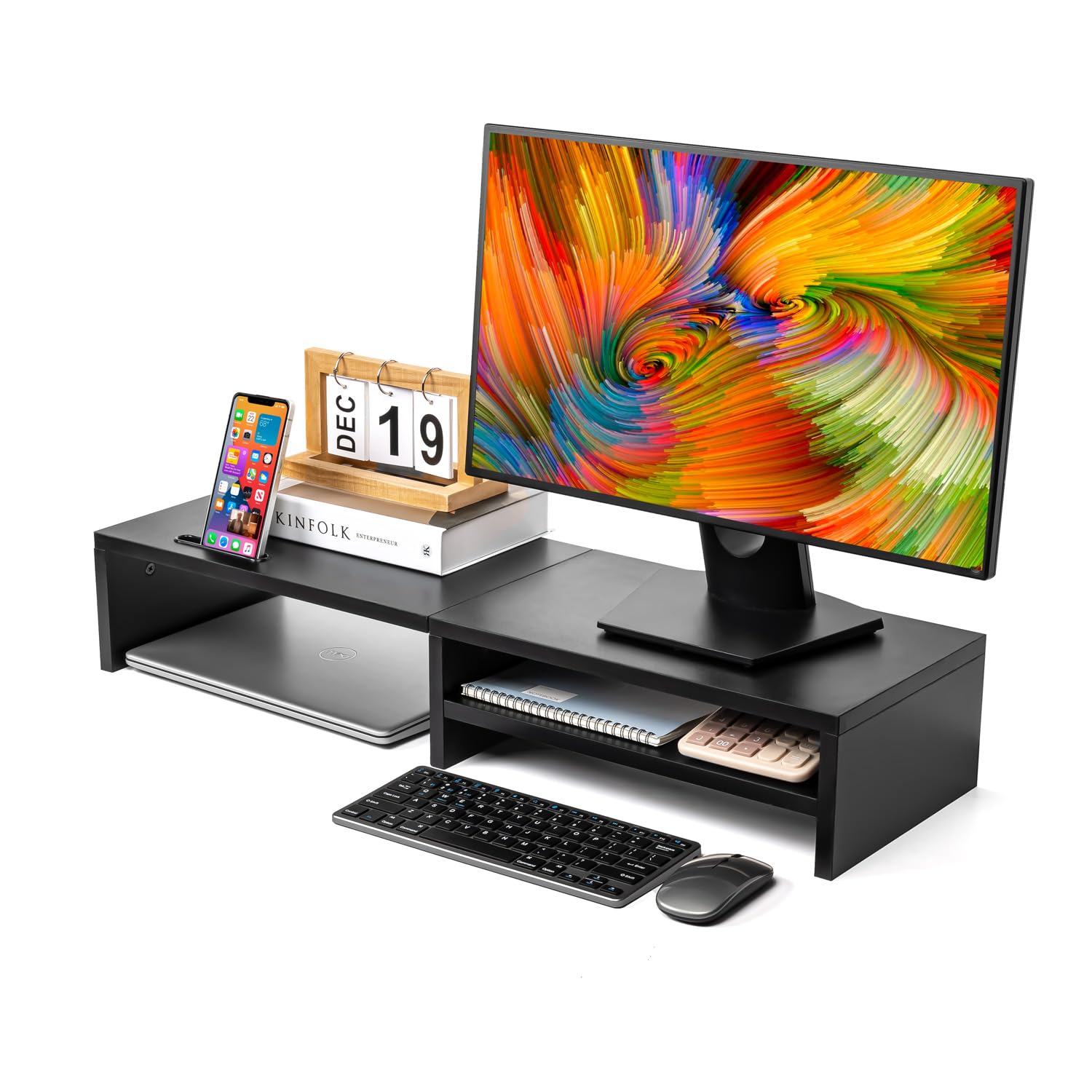 Photo 1 of HUVIBE Monitor Stand Riser,2 Tiers Wood Laptop Computer Monitor Riser Stand with Storage Organizer.Desktop Screen Monitor Stand Riser with Storage Organizer for Home Office,31.5 Inch (Black)