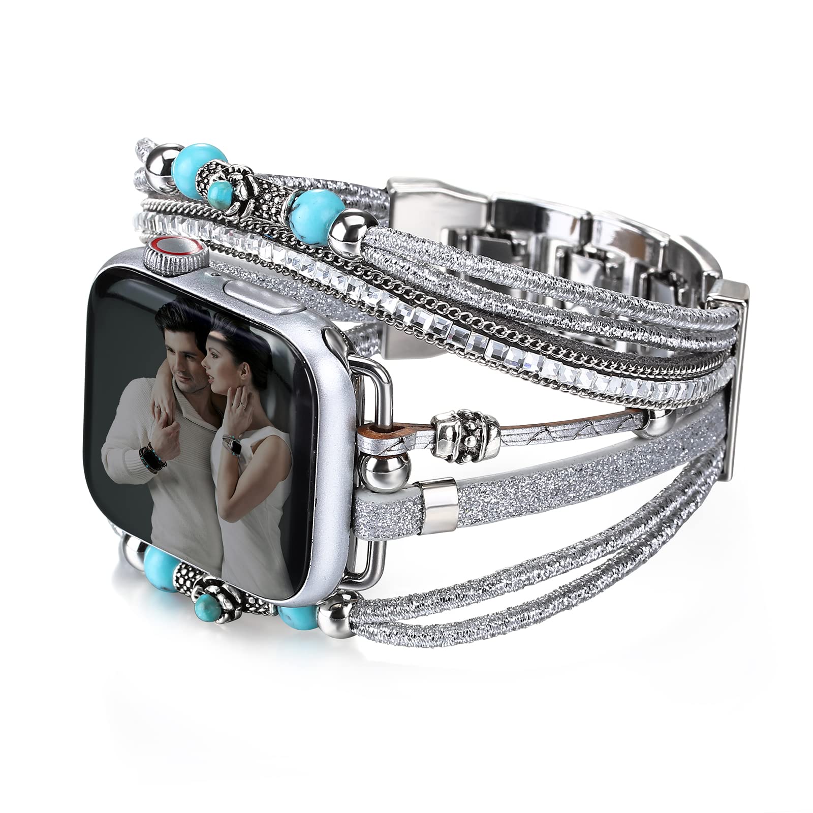 CHARMINGO Boho Leather Wrap Bands Compatible with Apple Watch Band Bracelet for Women Men 38mm/40mm/41mm Multilayer Apple Watch Strap for Iwatch Band Series 10/9/8/7/6/5/4/3/2/1/SE Ultra 2 - Silver