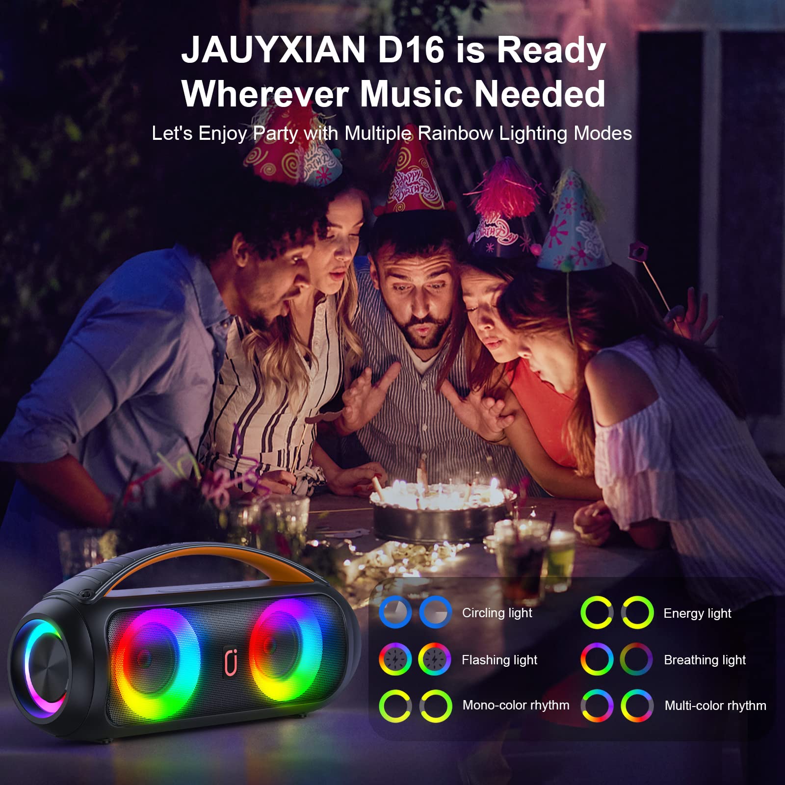 Portable Bluetooth Speaker, Loud Boombox Speaker with Subwoofer, Powerful Deep Bass Stereo Sound, IP65 Waterproof, Wireless Outdoor Speaker for Camping, Beach, Party, Support TWS/USB/TF Card/AUX