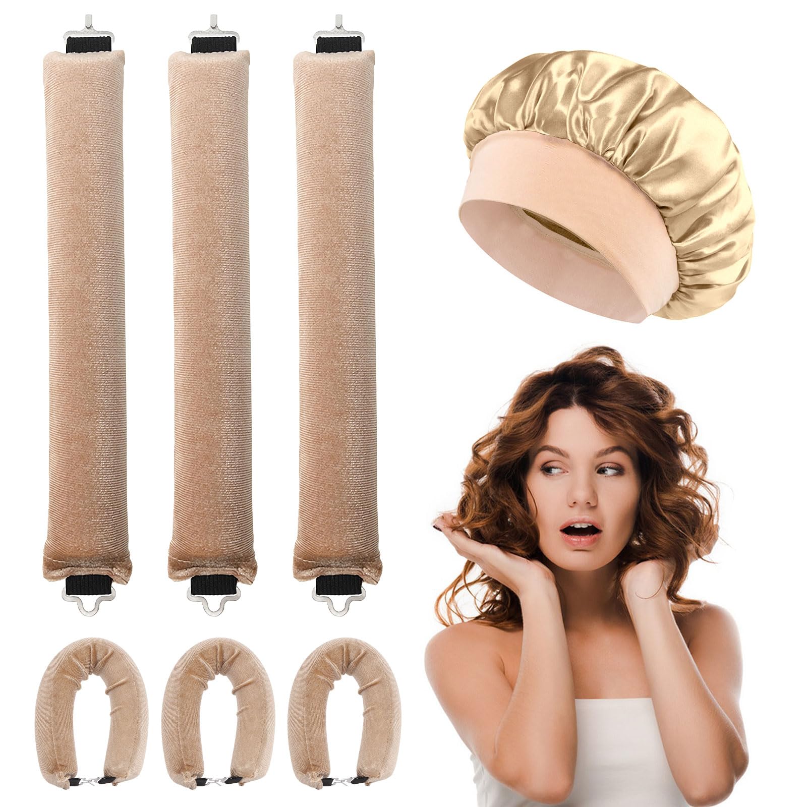 3Pcs Overnight No Heat Hair Curls,with Square Head Scarf for Women,Jumbo Flexi Rods for Long Hair,Heatless Curling Set for Hair Wrapping and Sleeping at Night (Bonnet,Champagne)