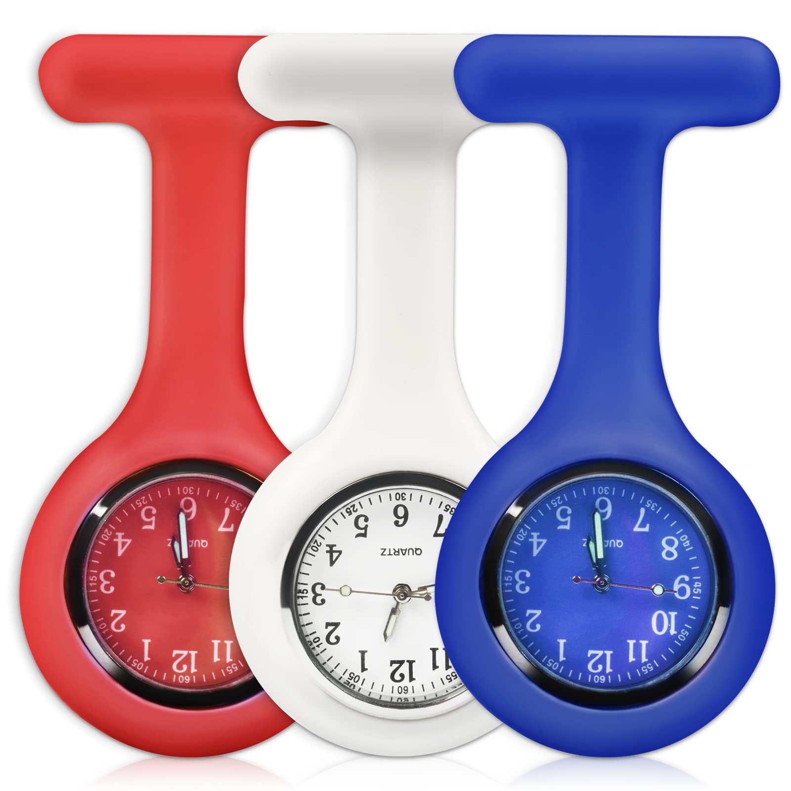 SibyTech Set of 3 Nurse Watch Brooch, Silicone with Pin/Clip, Infection Control Design, Health Care Nurse Doctor Paramedic Medical Brooch Fob Watch,Red White and Blue