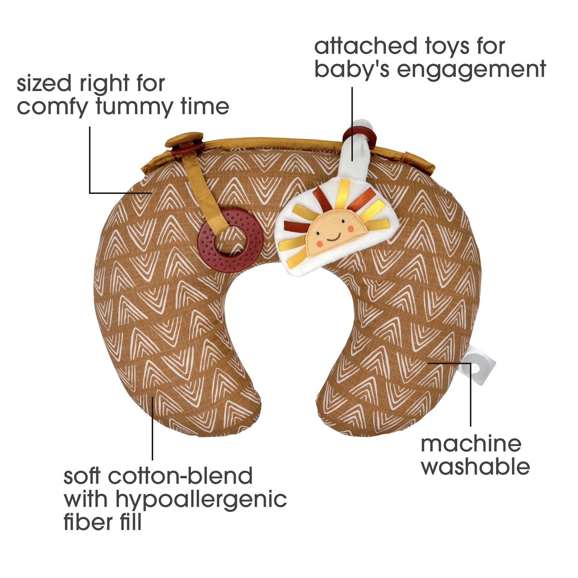 Boppy Tummy Time Prop, Golden Sun with Arrows with Two Removable Toys, A Smaller Size for Comfortable Tummy Time, Attached Toys Encourage Neck and Shoulder Strength Building