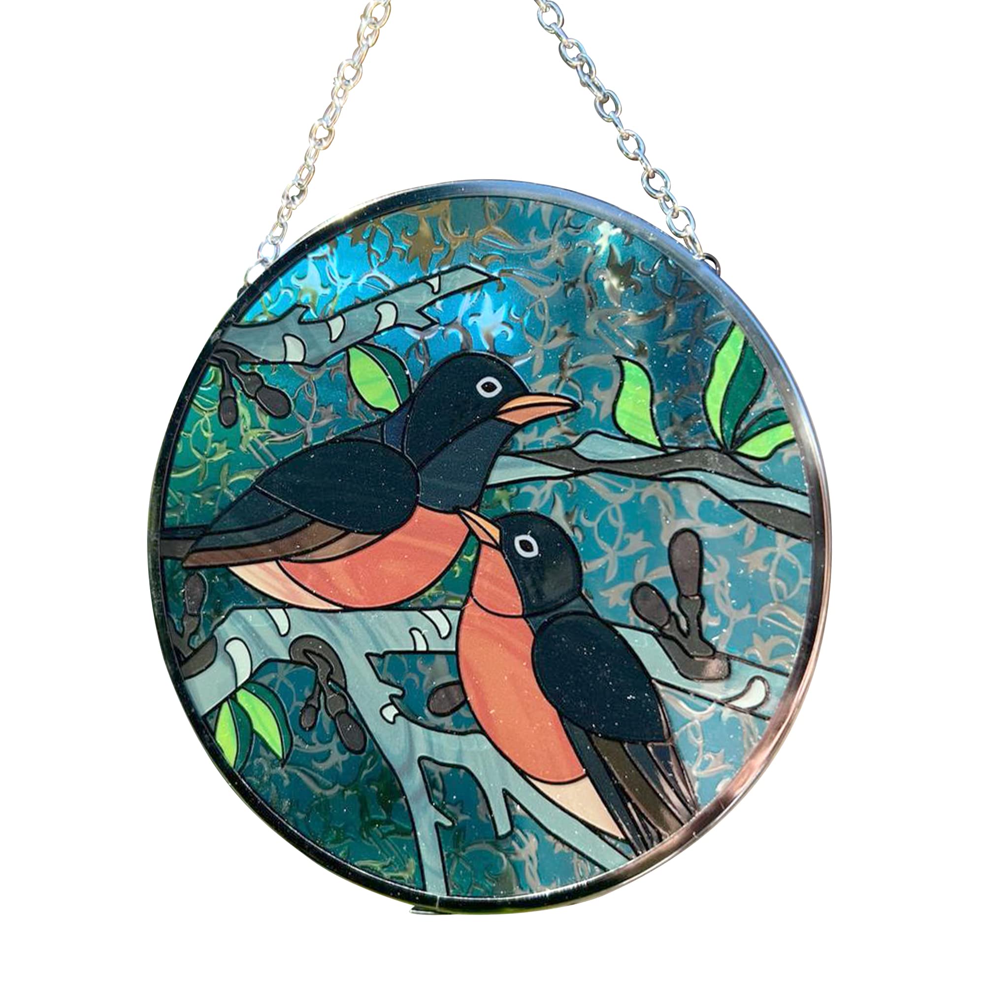 Robin Redstart Glass sun catcher | 150mm diameter with chain for hanging | colour catcher | window decoration | perfect for conservatory | living rooms | garden | garden hanging | suncatchers