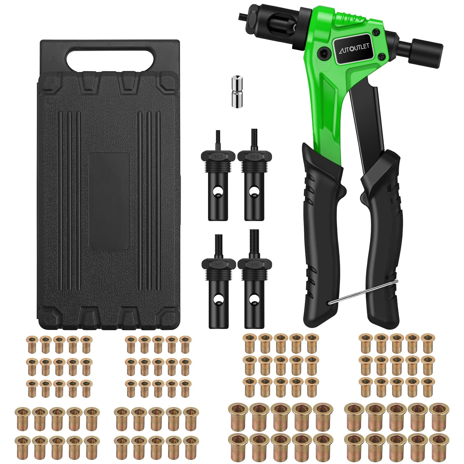 AUTOUTLET 8" Rivet Nut Gun with Replaceable Nozzles M3 M4 M5 M6, 60 HRC Alloy Steel and TPR Hand Riveter Rivet Gun with 100 pcs Nut Setting System Green Black — image 1