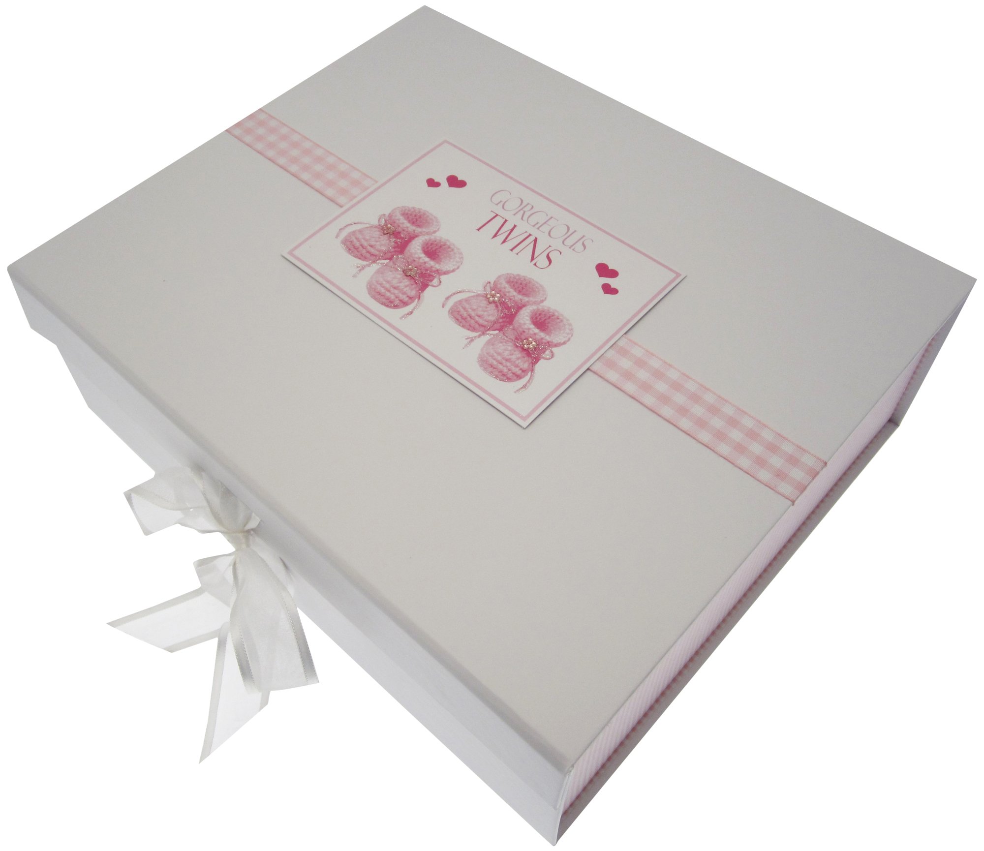White Cotton Cards Gorgeous Twins, Large Keepsake Box, Pink Booties