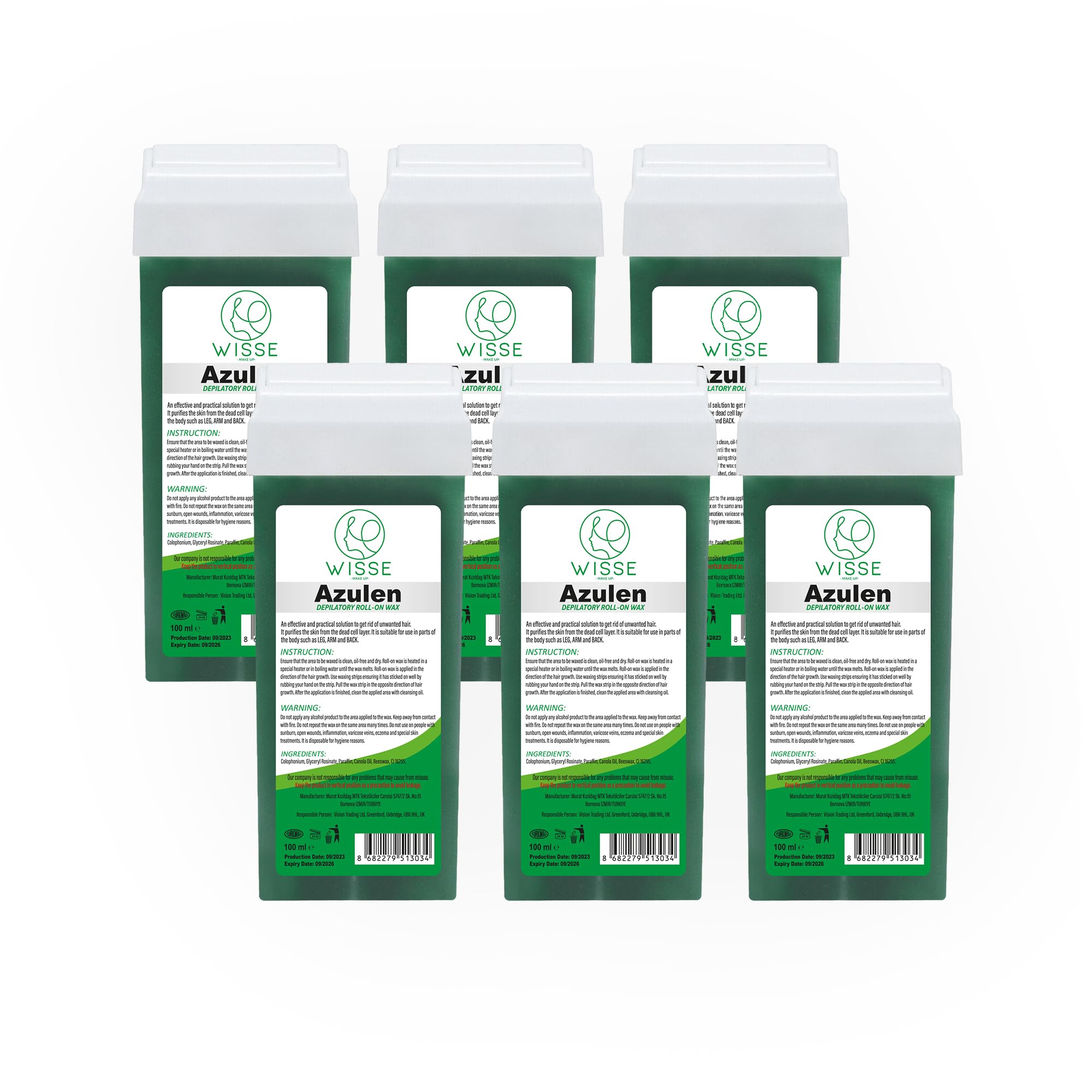 Wisse Make Up Roll on Wax Cartridge for Hair Removal, Hair Removal Roll-On, Wax Cartridge Roller for Legs and Arms, Depilatory Wax, Set of 6 Refill x 100ml (Azulen)