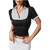 MakeMeChic Women's Summer Striped Blouse Short Sleeve 2 in 1 Collared Shirt Work Tops Teacher Outfits