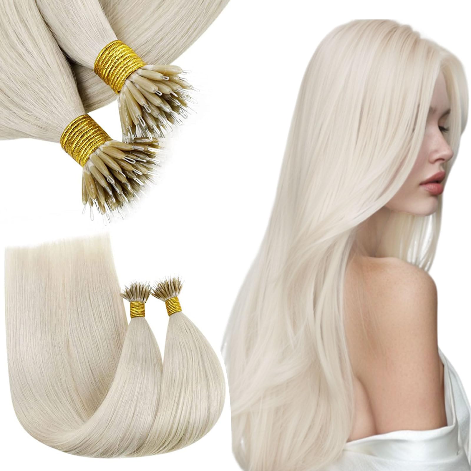 RUNATURE 20 Inch Nano Hair Extensions Real Human Hair White Blonde Nano Beads Hair Extensions Human Hair Blonde Straight Invisible Nano Rings Hair 50g 50s #800 — image 1