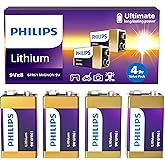 Philips 9V Batteries Lithium 9 Volt Battery 4 Pack Ultra Long Lasting 9V Battery for Household and Office Devices Smoke Detector (Non-Rechargeable)