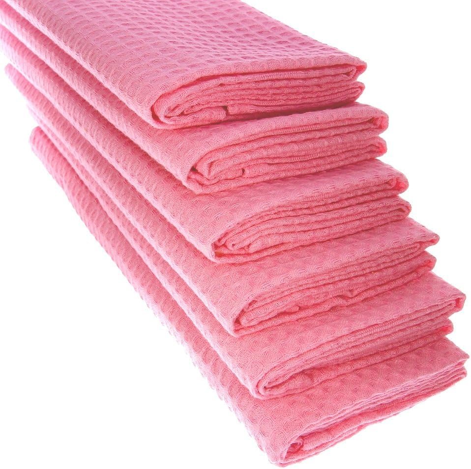 6 x 100% Cotton Waffle Pique Tea Towels in Pink / Kitchen Towels / Cleaning Cloths.
