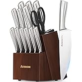 Astercook Knife Set, Kitchen Knives Set with Block and Sharpener Full Tang 15 Pcs Premium Stainless Steel Knives, Dishwasher Safe Knife Set with Anti-slip Ergonomic Handle, Walnut, Valentine's Gift