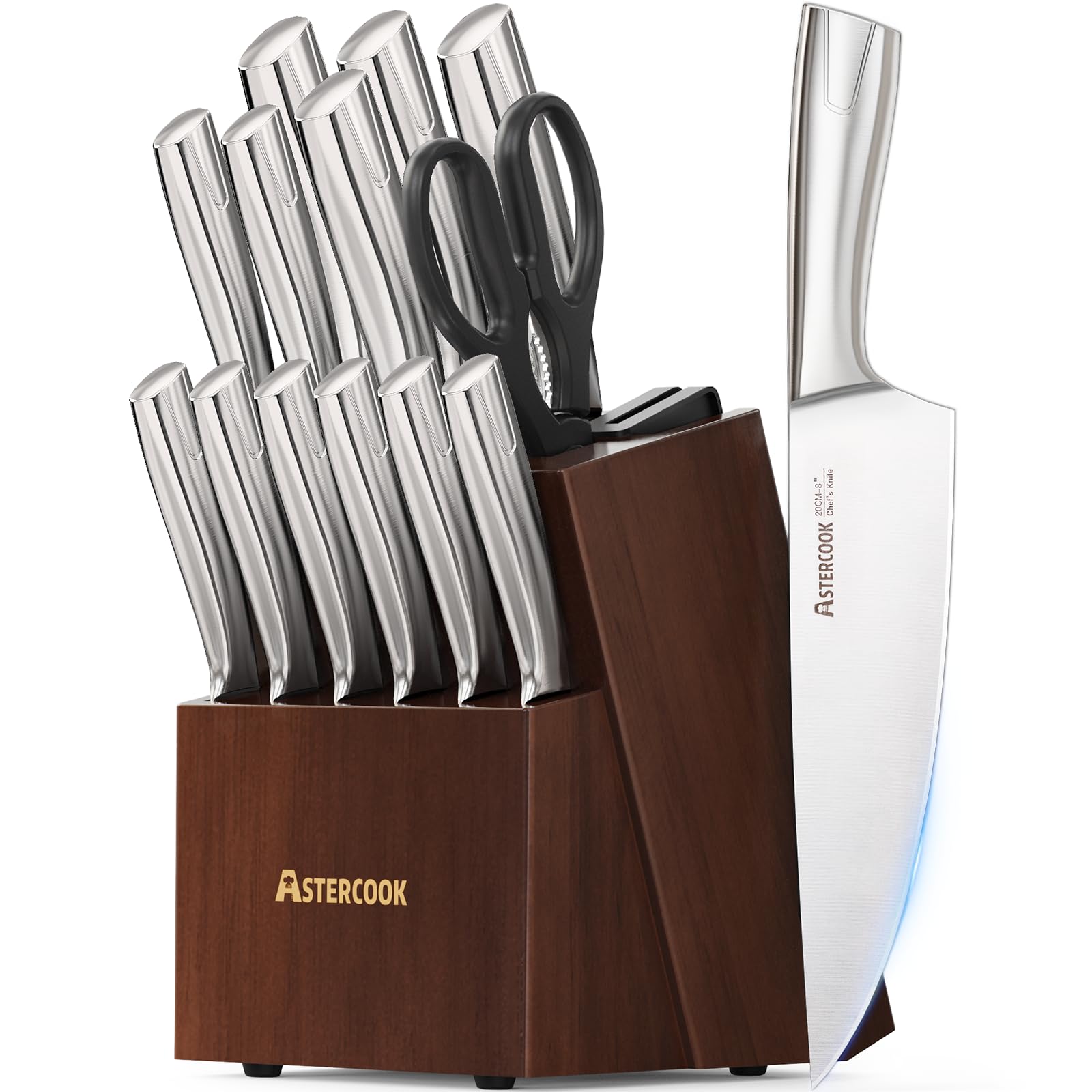Photo 1 of Astercook Knife Set, Kitchen Knives Set with Block and Sharpener Full Tang 15 Pcs Premium Stainless Steel Knives Ultra Sharp Blade Dishwasher Safe Knife Set with Anti-slip Ergonomic Handle, Walnut