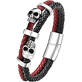Stainless Steel Double Skull Bracelets - Mens Genuine Leather Punk Skeleton - Cuff Gothic Jewelry