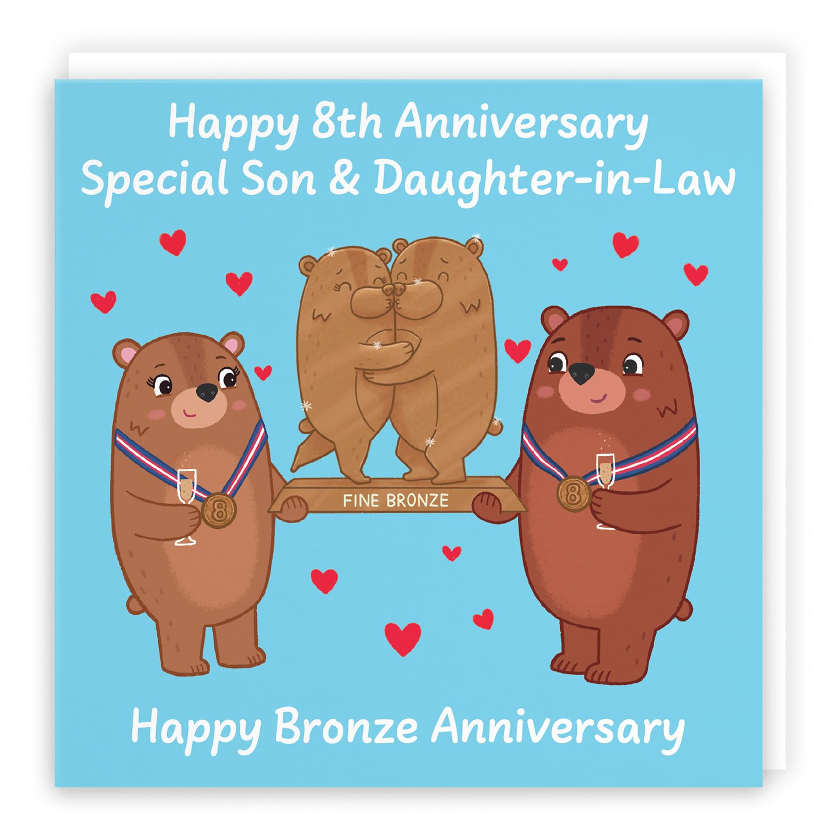 Hunts England - Son And Daughter In Law 8th Anniversary Card - Bronze Anniversary - Eighth Anniversary - 8 Years - Cute Fun Bears Card For Son & Daughter-in-Law - Love Story Collection