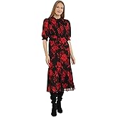 London Times Women's High Neck Sheer Midi Dress, Black/Red/Wine