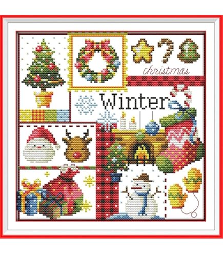 Kit Broderie Pré-imprimé Nains De Noël Rouge 40.6x50.8 Cm - Complet Pour Débutants & Adultes
