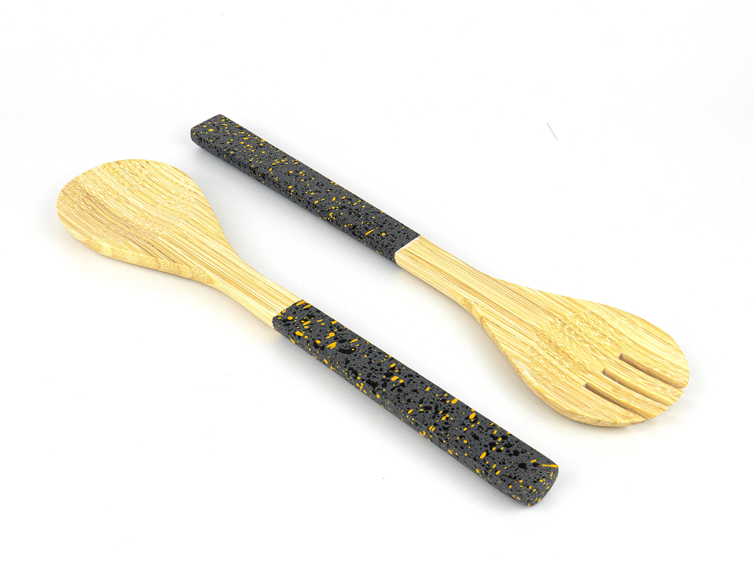 Jungle Culture® Large Bamboo Salad Servers • Natural Wood Tongs with Black Terrazzo Style Handles • Fruit & Wooden Salad Bowl Tableware • Eco Friendly Serving Utensils • Spoon & Fork Cutlery Set