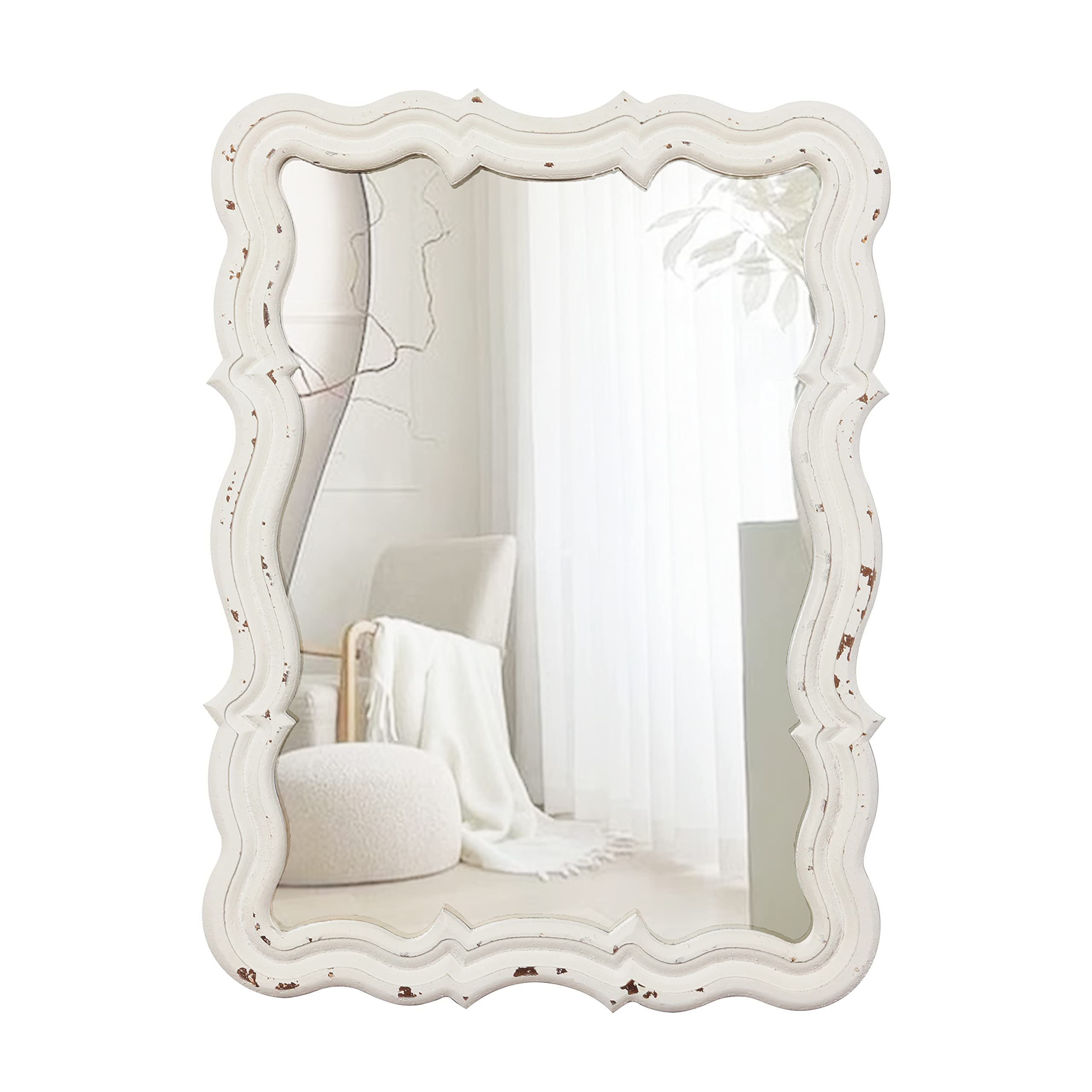 Sintosin Vintage Rectangle Wall Mirror Decorative 30 x 40 cm, Hanging Distressed White Sculpted Mirror, Farmhouse Small Wood Mirrors for Bedroom, Hallway, Living Room, Bathroom