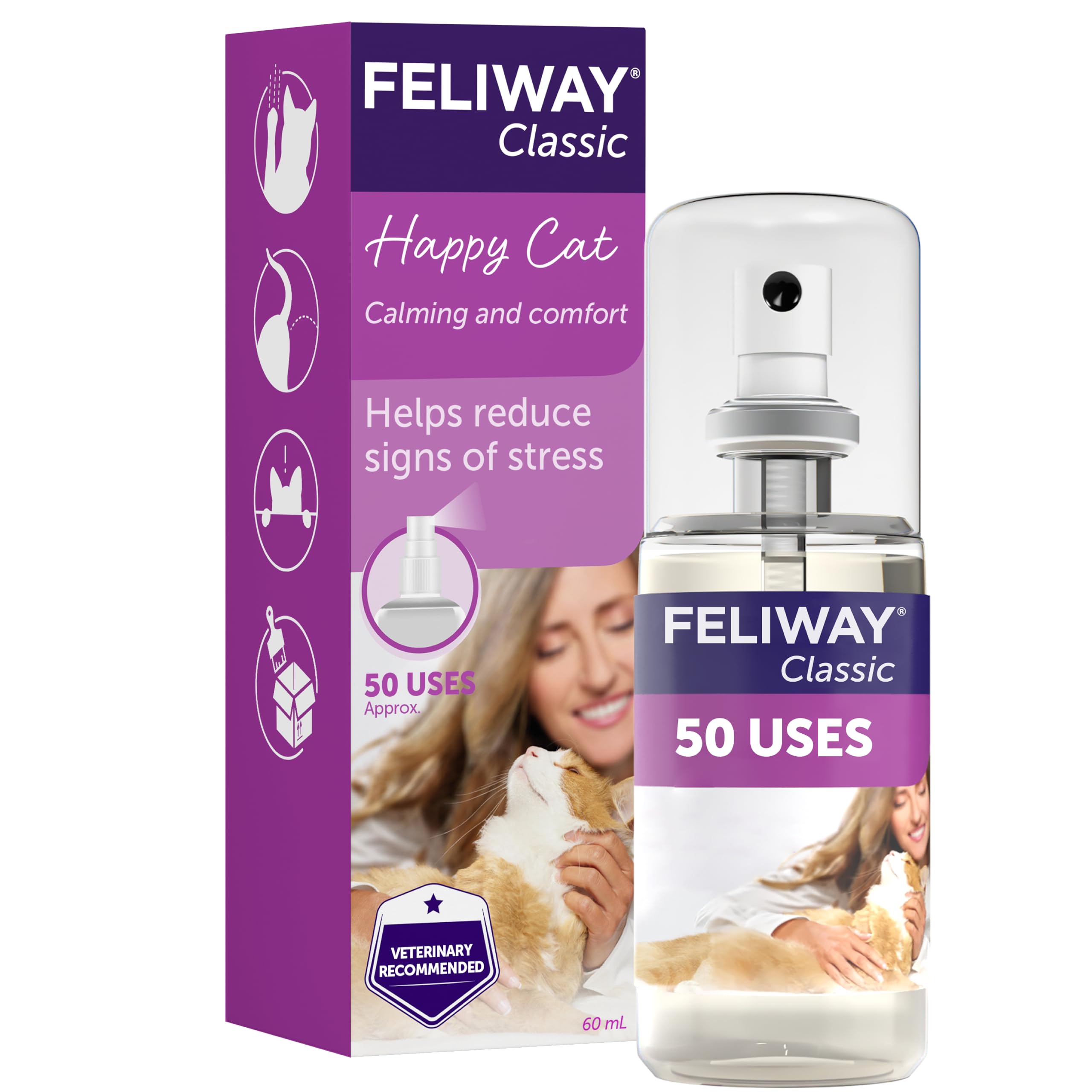 FELIWAY Classic Cat Calming Odourless Spray, 60ml - Comforts Cats at Home and On the Go and Reduces Stress During Travel, Veterinary Recommended, Drug-free, Clinically Proven