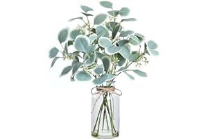 VIERENA Artificial Eucalyptus Stems in Glass Vase with Faux Water,15" Fake Plant Eucalyptus Leaves White Seeds for Centerpiece Table Decorations Farmhouse Wedding Home Greenery Decor (White-Green)