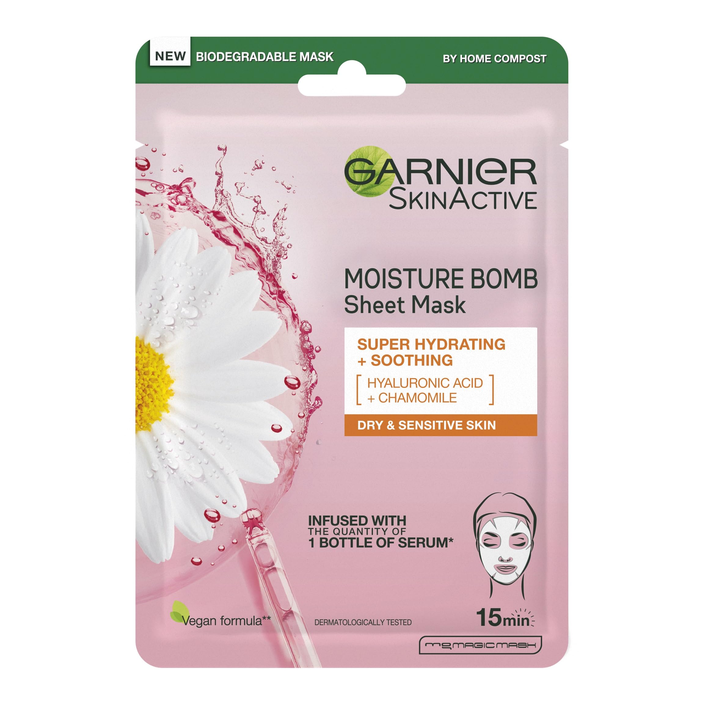 Garnier Moisture Bomb Chamomile and Hyaluronic Acid Sheet Face Mask, Hydrating & Soothing Face Sheet Mask, For Sensitive Skin, Cruelty Free &Vegan Tissue Mask, 28g