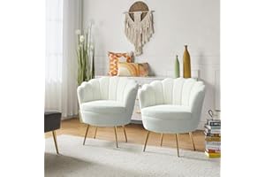 HULALA HOME Modern Velvet Accent Chairs Set of 2 with Shell Shaped Back, Cute Living Room Bedroom Armchairs with Gold Legs, Comfy Upholstered Vanity Chairs for Makeup Room, Ivory