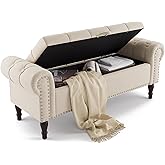 Cozyman Storage Bench, 50” Queen Linen Tufted Button End of Bed Bench with Rolled Arm and Nailhead Trim, Upholstered Bedroom 