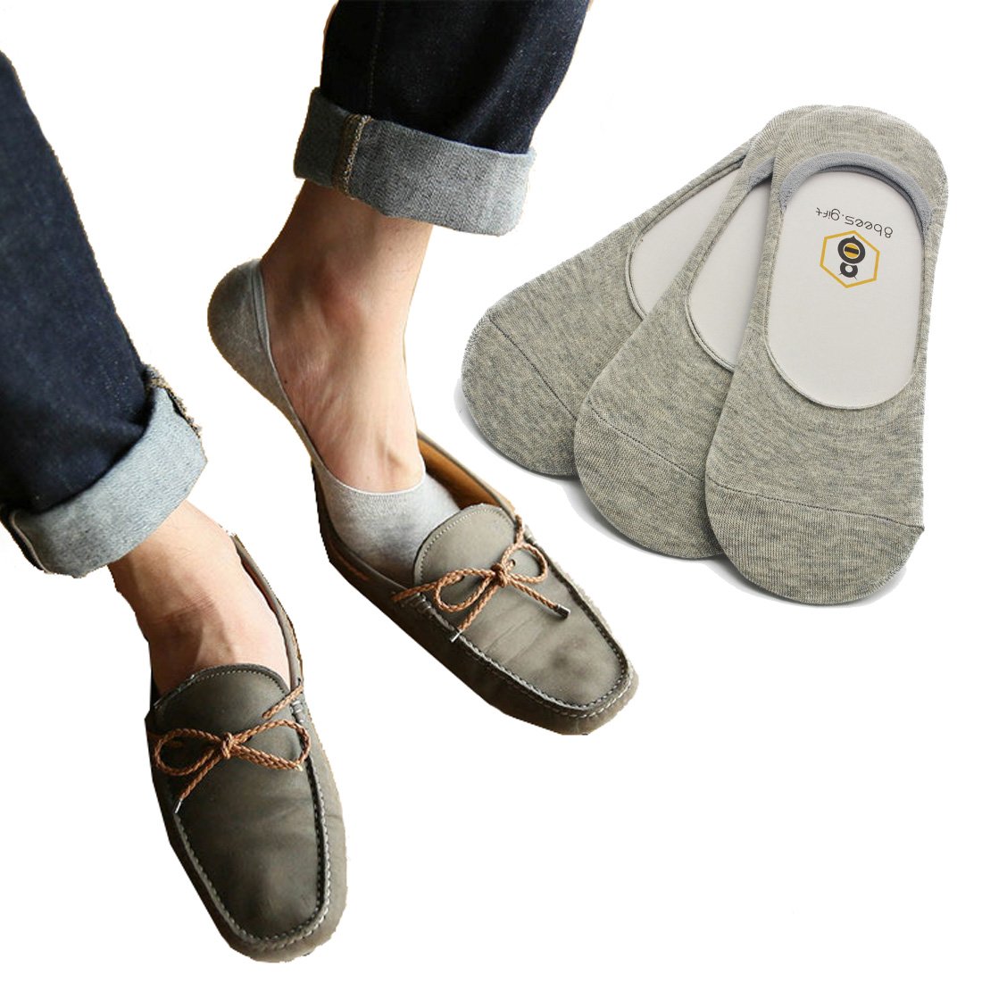 No Show Socks 8BEES GIFT Mens Socks Low Cut Non-Slip Grips Grey M, 3 Pairs