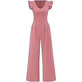 PRETTYGARDEN One Piece Jumpsuits For Women Dressy Ruffle Cap Sleeve V Neck Ribbed Knit Wide Leg Romper Casual Spring Outfits