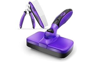 Ruff 'N Ruffus Self-Cleaning Slicker Brush With NO- PAIN Bristles | Gently Removes Loose Undercoat, & Tangled Hair | For Cats & Dogs | Reduces Shedding by 95% + Pet Nail Clipper & Comb included