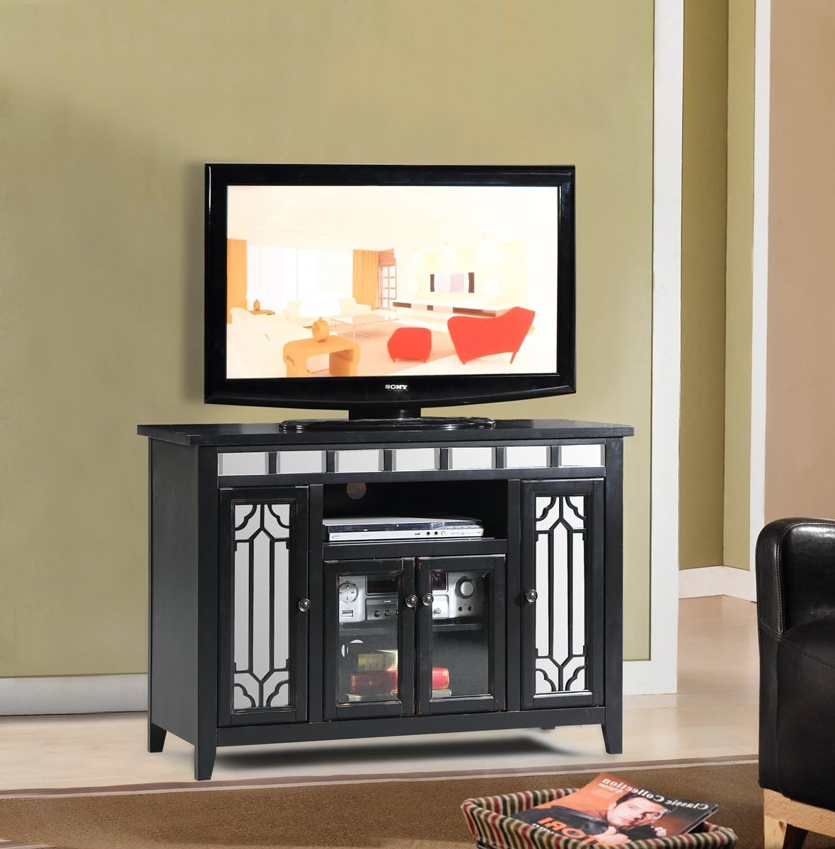 NCF Furniture Galena Art Deco 48" Mirrored TV Console in Weathered Black