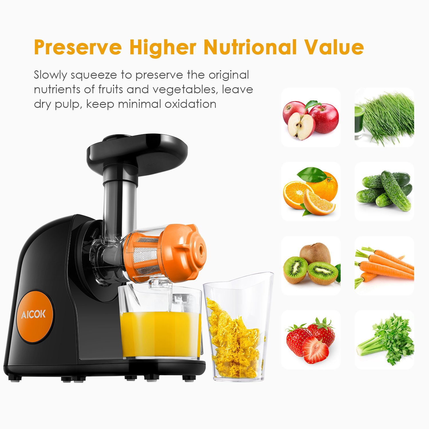 Aicok Juicer Masticating Slow Juicer, Commercial Juicer Quiet Motor