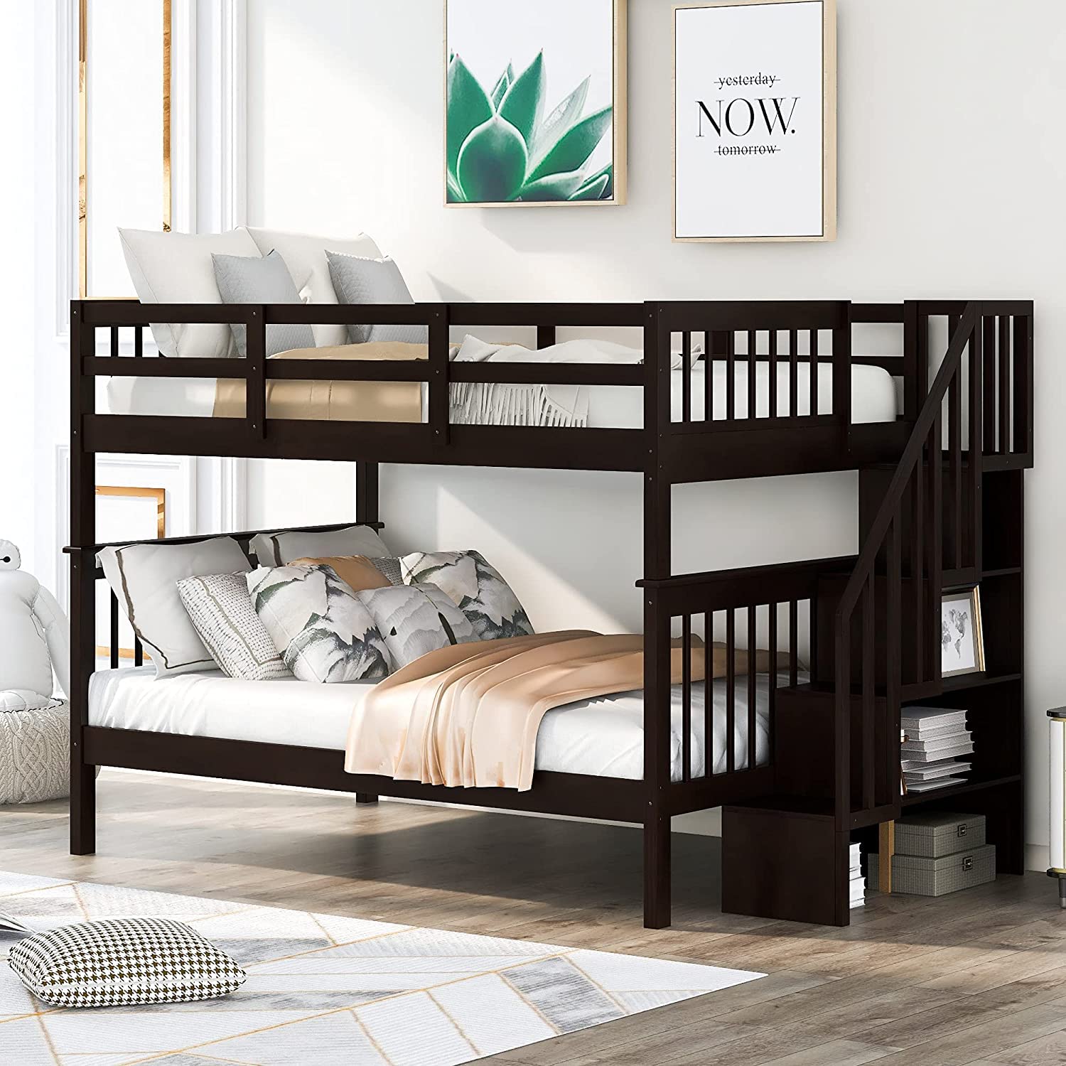 Photo 1 of ****PARTIAL SET****DNYN Stairway Full Over Full Bunk Bed with Storage Drawers for Kids Teens Adults,Home Furniture Solid Wood Bunkbeds w/Safety Guardrails,Perfect for Bedroom,No Box Spring Required, Espresso