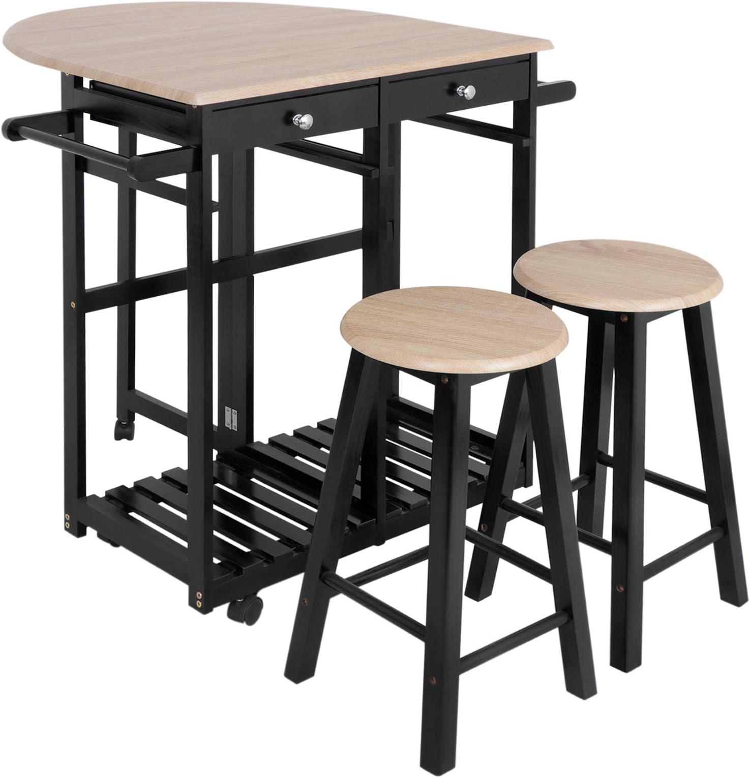 JupiterForce Table Drop Leaf Foldable Rolling Kitchen Island Cart 3PCS Wooden Dinning Breakfast Set Bar Trolley Folding Furniture with 2 Drawers 2 Stools