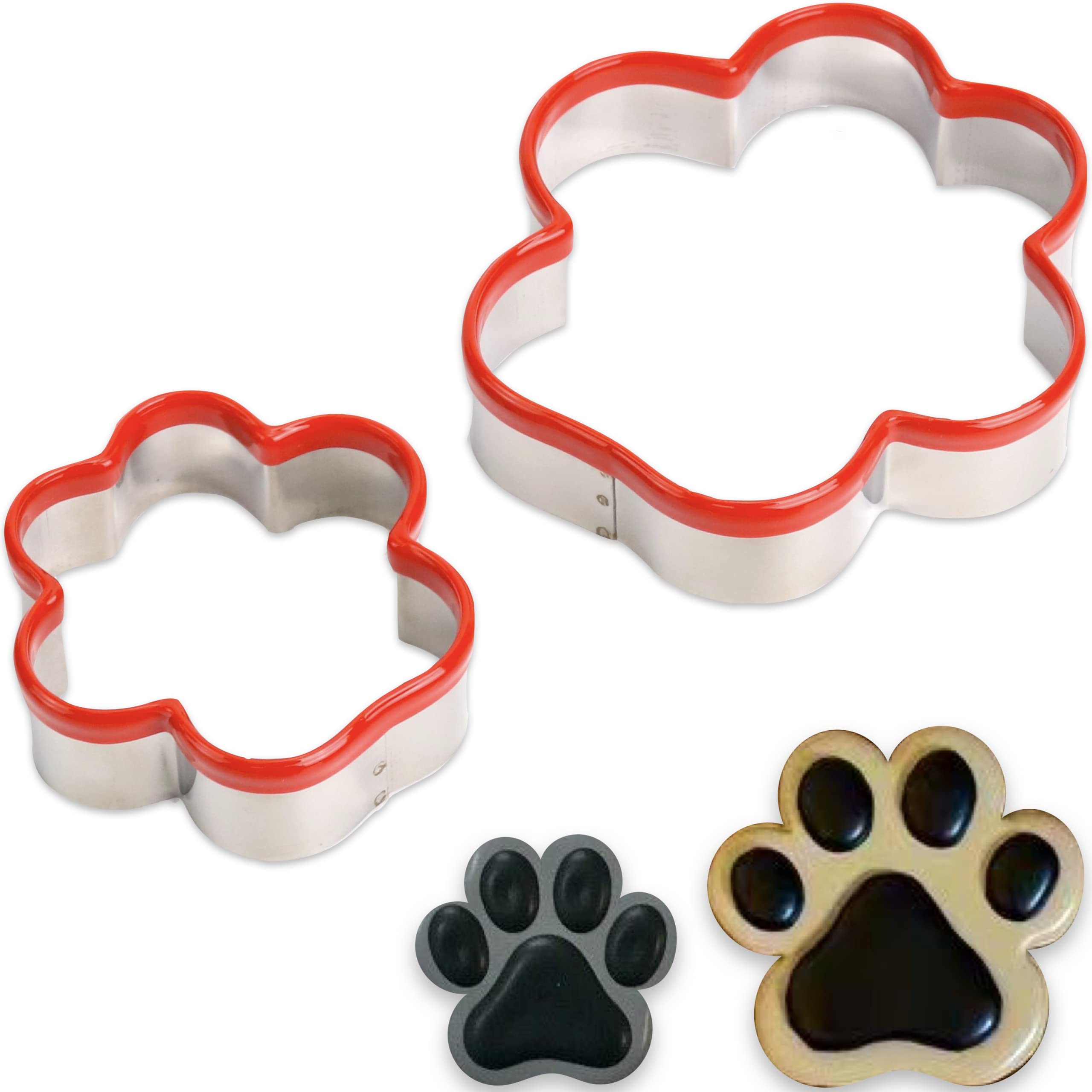 2 Pieces Dog Cookie Cutters - 4.1 inch & 3 inch Biscuit Cutters for Baking - Dog Paw Cookie Cutters Shapes - Top with Red PVC Protection, 0.4 mm Thickness, 1 inch Depth