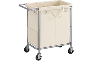 SONGMICS Laundry Basket with Wheels, 2-Section Rolling Laundry Hamper, 37 Gallons (140 L), Removable Liner, Steel Frame with Handle, 27.2 x 15.4 x 31.9 Inches, Cream White URLS004W01