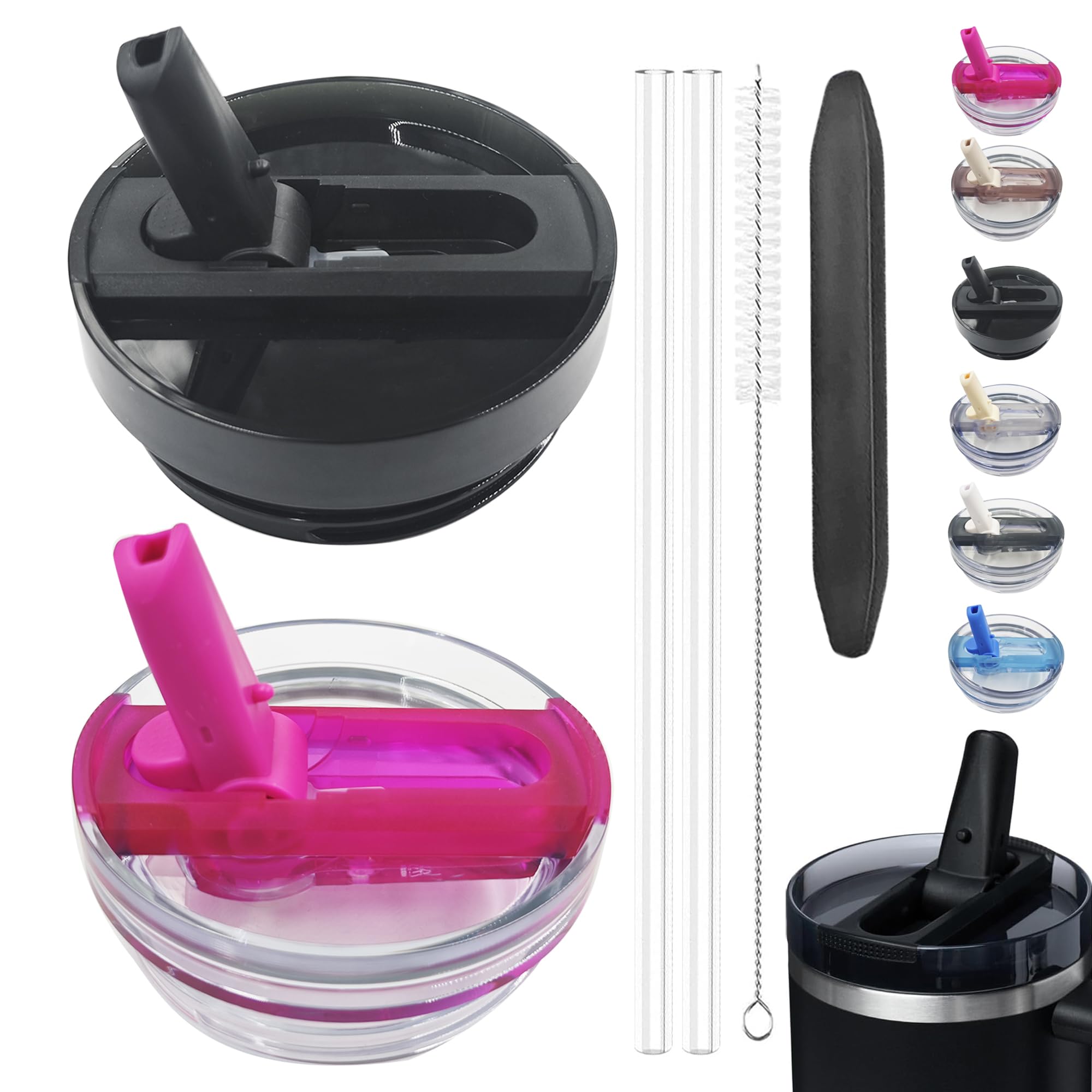 Photo 1 of 2 Pack 40 oz Detachable Flip Straw Lid for Stanley Quencher ProTour, Leak Proof for Stanley Lid Replacement Spill Proof Reusable Tumbler Cover Compatible with Stanley Cup (Black+Rose)