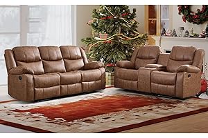 EBELLO 2 Pieces Manual Recliner Sofa Set, Faux Leather Reclining Couch Set for Living Room, Included Loveseat Recliner Couch and 3 Seat Reclining Sofa, Brown