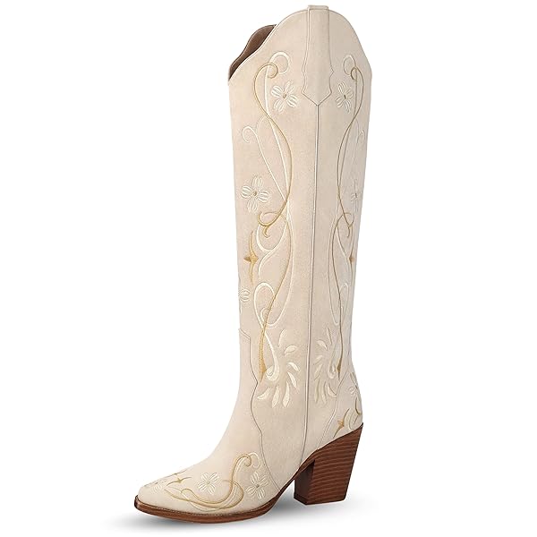 LEUNDEN BEIGE COWBOY BOOTS FOR WOMEN, KNEE HIGH...