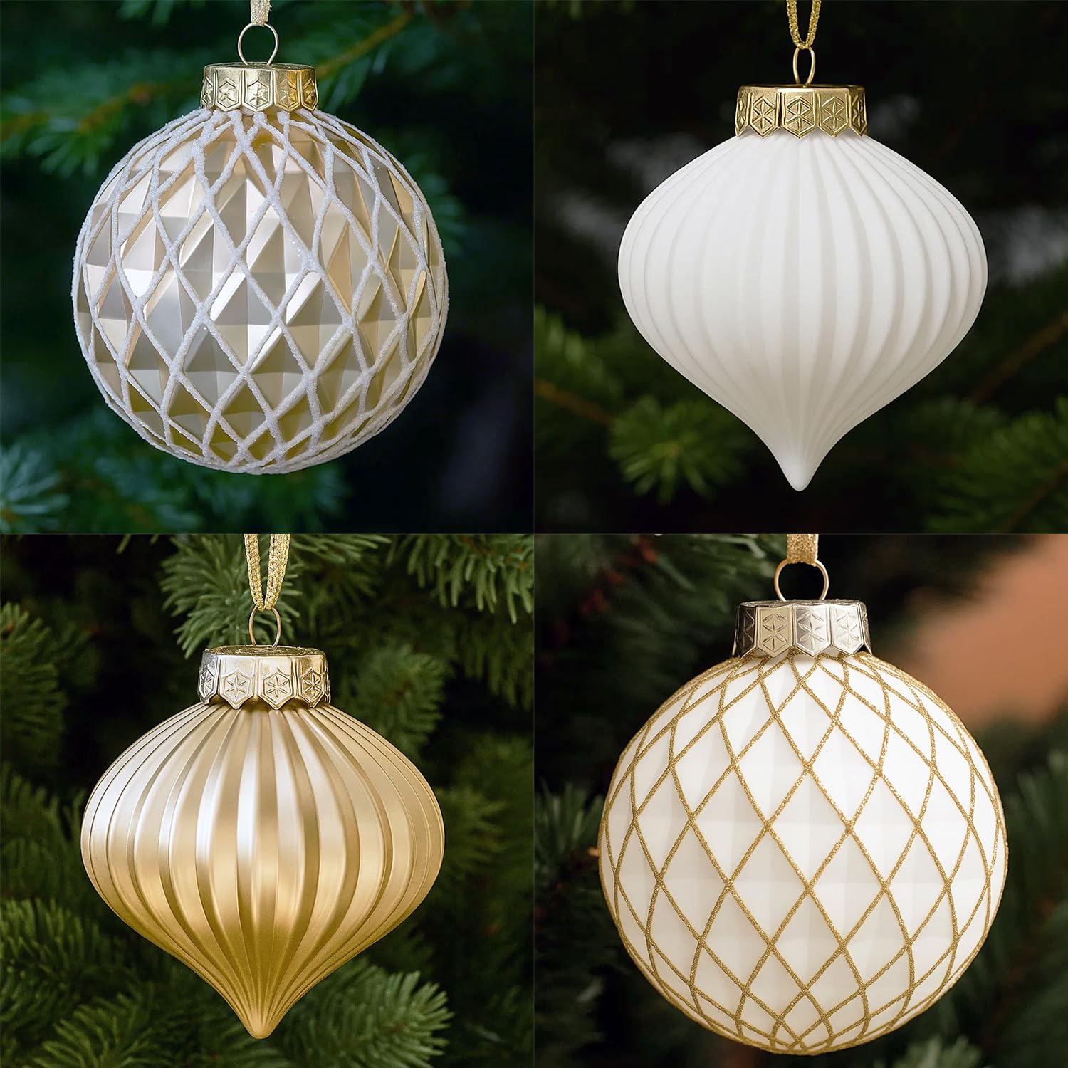 SLEETLY 28pk White Gold Christmas Baubles for Tree Decorations - Holiday Xmas Shatterproof Plastic Ball Ornaments, Icicles and Snowflakes Set — image 1