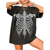 BEAUDRM Women's Skeleton Graphic Tees Gothic Short Sleeve Oversized T Shirt Crewneck Vintage Summer Grunge Tops Streetwear