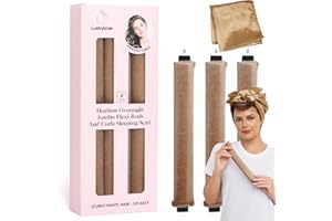 LUCKYBEAR Heatless Curls Overnight Rods Jumbo Set, Heatless Hair Curler Velvet Satin Jumbo Flexi Rods to Sleep in, No Heat Overnight Sleeping Blowout Curls Wave Styling Tools with Silk Scarf 4pcs Khaki