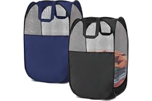 BENJUNC 2 pop-up foldable mesh laundry baskets (each with 2 reinforced handles), black + blue…