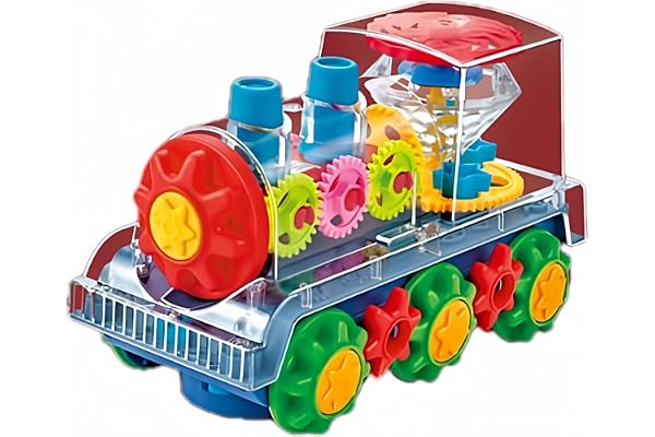 Nenekal Electric Transparent Gear Train Toy with Flashing Lights and Music, 360 Rotation, Battery Operated Bump and Go Car To