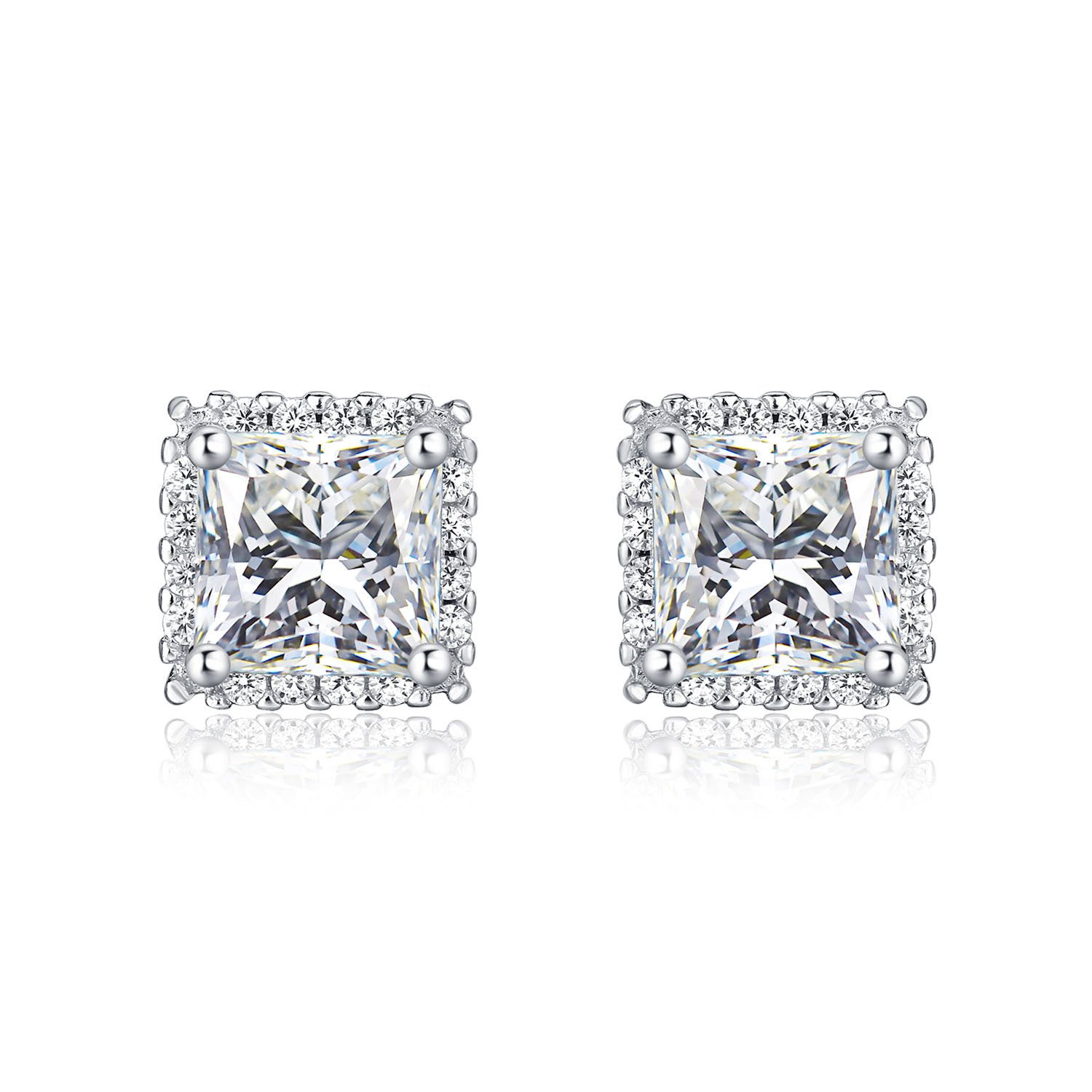 Diamond Treats 925 STERLING SILVER Earrings with 6mm Square Shape Sparkling White Cubic Zirconia. The Sterling Silver Halo Stud Earrings are a Lovely Gift for Her.