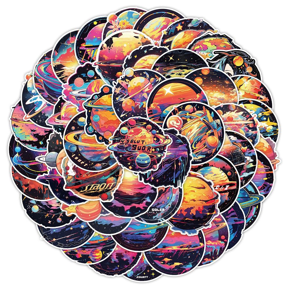Colorful Planet Vinyl Stickers, 50 PCS Waterproof Galaxy Space Decals for Laptops, Scrapbooking, Journals, Notebooks, Water Bottles, Suitcases, Phones & DIY Decor — image 1
