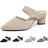 Women's Knit Pointed Toe Chunky Heel Mules Fashion Mesh Breathable Closed Toe Backless Block Heel Slip On Dressy Pumps Summer Casual Work Office Wedding Heeled Sandals